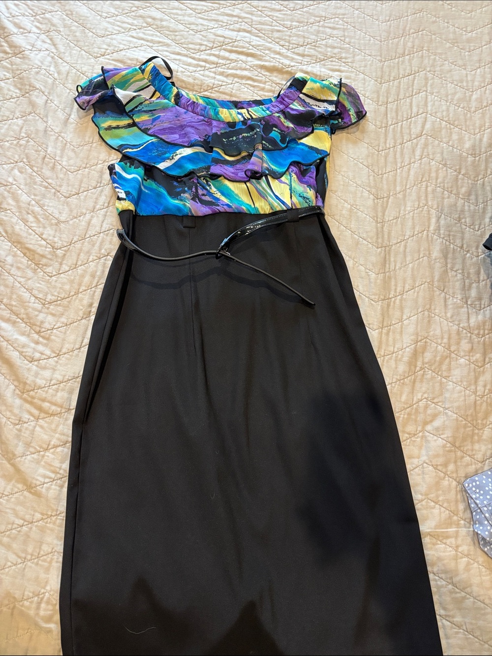 ALIX NYC Black Midi Dress with Multicolor Ruffle Bodice